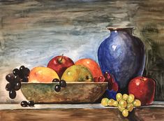 a painting of fruit in a bowl next to a vase and grapes on a table