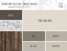 the interior paint color palettes are shown in shades of gray, brown and white