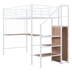 a white loft bed with shelves underneath it