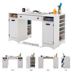 an image of a desk with drawers and shelves in different positions on it's sides