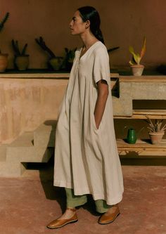 Garment Dyed Linen V-Neck Dress | Stone | TOAST Workwear Dresses, Floral Print Dresses, Linen Tableware, Easy Shape, Mens Loungewear, Dyed Linen, Loungewear Women, Dresses Floral, Fine Linen