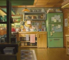 a painting of a kitchen with green appliances