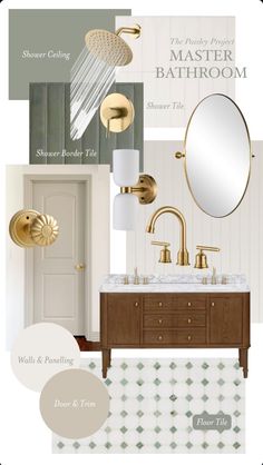 a bathroom with gold fixtures and white walls