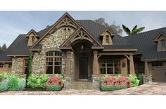 this is an artist's rendering of a house in the country style with stone and wood accents