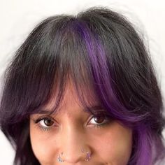 Purple Highlights With Bangs, Peekaboo Hair Color Layers, Purple Hair Streaks Brown, Color Streak In Hair, Purple Streak In Hair, Layered Purple Hair, Purple Curtain Bangs, Purple Peekaboo Highlights For Dark Hair, Brown Hair With Purple Streaks