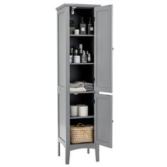 a tall gray cabinet with shelves and baskets on it's sides is shown against a white background