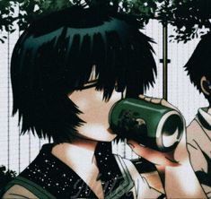 an anime character drinking from a green cup