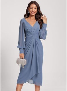 JJ's House Cascading Ruffles Chiffon V-Neck Spring Sheath/Column Plus General Leg Slit Back Zip Vintage Elegant Simple Beach Minimalist Shirt Dresses Slate Blue Height:5.8ft（176cm） Bust:32in（82cm）Waist:24in（61cm）Hips:35in（89cm） No Tea-Length Blue Model Name:Maria  H. #JJ's House #CascadingRuffles #Chiffon #VNeck #Spring #SheathColumn #Plus #General #LegSlit #BackZip #Vintage #Elegant #Simple #Beach #Minimalist #ShirtDresses #SlateBlue #No #TeaLength #Blue Cocktail Dresses With Sleeves, Cocktail Dress Classy, Chiffon Cocktail Dress, Satin Cocktail Dress, Long Sleeve Cocktail Dress, Cascading Ruffles, Cocktail Dress Wedding, Mob Dresses, Guest Attire