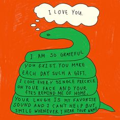 a drawing of a green snake with a thought bubble above it that says i love you