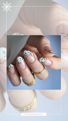 Winter Nail Inspiration: This design features all the winter foliage inspiration you would find if you were walking in a winter wonderland. Find more inspiration and Classy Christmas Nails on our Winter Nail Board and Blog. Winter Flower Nail Designs, Nails Winter Wonderland, Classy Christmas Nails, Winter Foliage, Walking In A Winter Wonderland