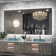 a bathroom with two sinks and a large mirror over it's counter top area