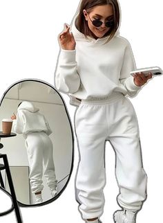 Casual White Sweats For Leisure, Solid Sportswear Tops With Pockets, Casual Stretch Tracksuit In Solid Color, Casual Fitted Tracksuit With Hoodie, Casual Fitted Hoodie For Leisure, Fitted Casual Hoodie For Leisure, White Stretch Tops With Pockets, White Crew Neck Tracksuit For Sports, White Hoodie For Leisure In Fall