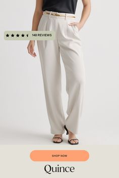 We call these ready-to-wear on repeat. Our Stretch Crepe Pleated Wide Leg Pants look totally tailored with front pleats and long, wide legs for a perfectly draped look. And, you'll love that the recycled poly-spandex blend keeps them relaxed and comfy, too. Dress them up with a blazer or keep them weekend casual with your favorite cashmere sweater.  | Quince | Women's Stretch Crepe Pleated Wide Leg Pants in Sand, Size 8, Recycled Polyester Pleated Wide Leg Pants, Linen Short, Knit Blazer, Stretch Crepe, Silk Skirt, Wide Legs, On Repeat, Crepe Fabric, Ankle Pants