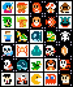 an image of some pixellated video game characters in different colors and sizes, all on black