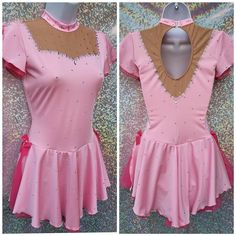 two pictures of a pink dress with brown trim