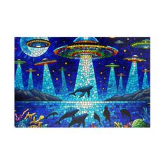 an image of aliens flying in the sky with fish and sea creatures around them on a mosaic tile background