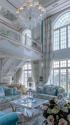 a living room filled with furniture and a chandelier