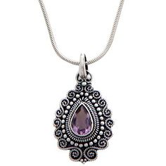 Amethyst pendant necklace, 'Queen of Bali' - Sterling Silver and Amethyst Pendant Necklace (image 2d) Sterling Silver Teardrop Necklace With Gemstone Accents, Purple Pendant Necklace With Filigree, Purple Filigree Pendant Necklace, Ornate Sterling Silver Oval Pendant Necklace, Purple Sterling Silver Necklace With Gemstone Accents, Silver Amethyst Oval Pendant Necklace, Ornate Purple Gemstone Necklaces, Ornate Silver Amethyst Necklace, Ornate Purple Gemstone Necklace