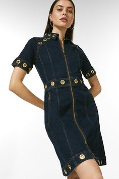 A New Twist On Denim, This Retro Zip-Through Dress Features Glossy Golden Eyelets, A Neat Collar And Zipped Pockets For A Utilitarian Spin. Style It With Plain White Trainers Or Sandals To Let The Classic Indigo Hue And Structured Fit-And-Flare Shape Get All The Attention. Denim Zip Dress, Plain White Sneakers, Denim Dress Outfit, Classic Corvette, Coat Women Fashion, Zip Dress, Eyelet Dress, Coat Women, Leather Dresses