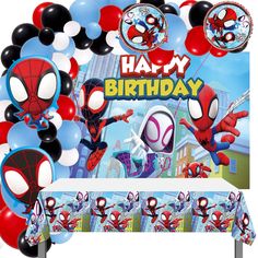 spiderman birthday party supplies including balloons and decorations