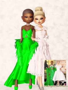 two dolls are dressed in green and white