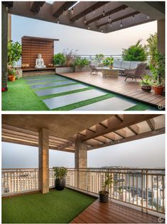 two pictures of an outdoor living area with grass and wooden decking on the other side