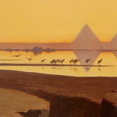 an oil painting of the pyramids at sunset with birds flying over it and water below