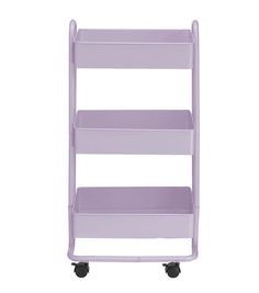 a purple plastic shelf on wheels with two shelves and one shelf attached to the top