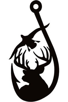 a black and white silhouette of a deer holding a fishing hook with an antler on it