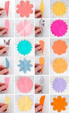 many different types of paper flowers are shown in this collage, including one being cut out