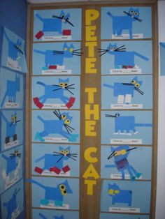 a bulletin board with cats on it and the words pete the cat written in large letters