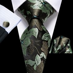 Black Green Floral Tie Pocket Square Cufflinks Set Luxury Elegant Ties For Black Tie Events, Luxury Elegant Ties For Black-tie Events, Luxury Ties For Groom, Luxury Green Tie For Business, Luxury Standard Tie For Black Tie Occasions, Luxury Men's Ties For Wedding, Cheap Ties For Business, Affordable Black Ties For Gifts, Luxury Men's Ties For Black Tie Occasions