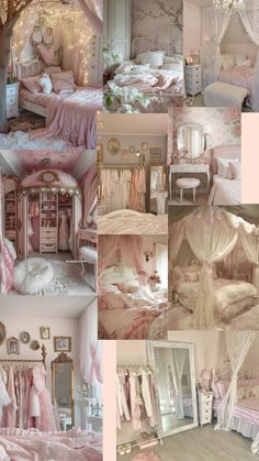 a collage of photos with pink and white furniture, bedding, and curtains