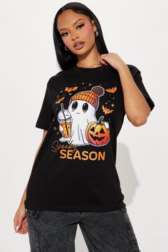 Available In Black/combo. T-Shirt Ghost Graphic Stretch Disclaimer: Due To The Printing Process A Difference In Saturation May Occur. Each Garment Is Unique. 100% Cotton Imported | Spooky Season T-Shirt in Black size Medium by Fashion Nova Ghost Graphic, Graphic Tops, Graphic Tees Women, Spooky Season, Fashion Tops, Printing Process, Fashion Nova, Fashion Clothes Women, Ghost