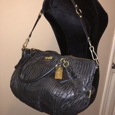 Coach Madison Sophia Black Gathered Leather Satchel bag. Used with wear to the metal and ink /other stains inside lining - NO tears and wholes Please review all photos. item you see is the actual item you will receive. This comes as shown. I make sure to include as many photos of flaws as possible when presence. Coach Designer Satchel In Soft Leather, Designer Coach Satchel In Soft Leather, Designer Coach Soft Leather Satchel, Black Coach Bag With Leather Lining, Sophia Black, Black Leather Satchel, Stylish Handbags, Leather Satchel Bag, Satchel Bag