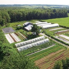 an aerial view of a farm with lots of crops