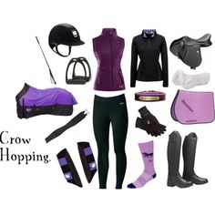 a woman's horse riding gear including boots, saddles, and gloves with the words crow hopping written on it