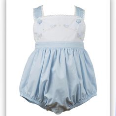 Brand New With Tags. Size 6 Month. Blue Fitted Bubble Romper For Spring, Fitted Blue Bubble Romper For Spring, Spring Fitted Blue Bubble Romper, Cute Spring Bubble Romper For Baptism, Cute Bubble Romper For Spring Baptism, Fitted Blue Bubble Romper For Playwear, Blue Cotton Bubble Romper With Ruffles, Sleeveless Blue Bubble Romper For Playwear, Blue Ruffle Bubble Romper For Playtime