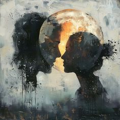 two people are facing each other with the moon behind them