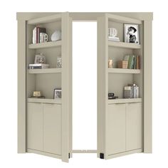 an open bookcase with two doors and shelves on each side, in front of a white background