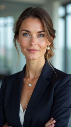 a woman with her arms crossed wearing a black jacket and white shirt is smiling at the camera