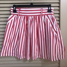 Never Worn! High Waist Pink Vertical Stripe Mini Skirt Belt Loops On Skirt Pockets!! Size S Waist - 27” Length - 16.25” Hand Wash 100% Cotton Fully Lined Smoke Free / Pet Free Home High Waisted Relaxed Mini Skirt For Summer, High Waist Relaxed Mini Skirt For Summer, Striped Skirted Bottoms For Spring, Summer Skirted Shorts With Lining, Summer Skort With Lined Skirt, Summer Flared Mini Skirt For Day Out, High Waist Pleated Skort For Beach, Summer Pleated Mini Skirt For Day Out, Trendy Skirted Bottoms From Forever 21