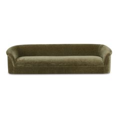 an olive green velvet sofa on a white background