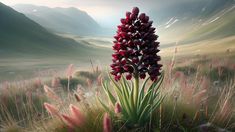 a red flower in the middle of a grassy field with mountains in the back ground