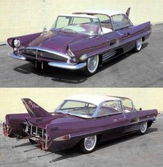 two pictures of an old purple car with the hood up and the front end open