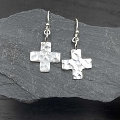 "Sterling silver french hook Hammered Cross earrings that dangle. The cross symbolizes hope and faith. - The cross charm measures 5/8\" tall - All jewelry parts are 925 solid sterling silver Gift Box Included - Send gifts direct! A short gift note may be added at checkout. Receipts not included.   🦋 Visit the shop! https://www.etsy.com/shop/TheZenMuse  About Quality The quality and safety of sourced sterling silver materials are very important to me. I only source materials from reputable compa Silver Cross Earrings, Silver Gift Box, Sterling Jewelry, Christian Jewelry, Modern Square, Cross Earrings, Cross Charms, Hammered Silver, Etsy Earrings Dangle