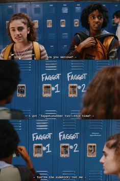 two girls are standing in front of lockers with tags on them and one girl is looking at her phone