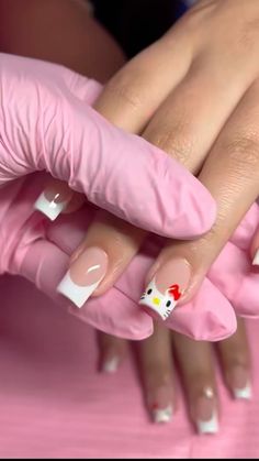 Regular French Tip Acrylic Nails, Nail Designs Hello Kitty Short, Hot French Tip Nails, Nail Inspo Pink Hello Kitty, Cute Nail Designs Hello Kitty, Nail Inspiration French Tip Square, Simple Back To School Nails Square, Back To School Nails Hello Kitty, Hello Kitty Tips Nails