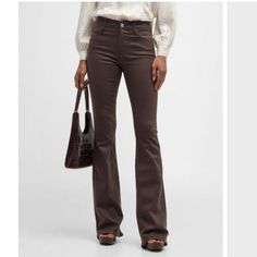 Nwt Frame Le Flare High-Rise Flare Jeans In Coated Denim Espresso Brown Size 33 Waist 17.25” Rise 11.5” Inseam 34” Hem 11.5” Mid-Weight Stretch Coated Denim Waxy, Leather Like Finish Full Length, Flare Silhouette Button Closure And Zip Fly 5-Pocket Styling Shell: 38% Lyocell/32% Cotton/20% Recycled Cotton/5% Elastane/5% Recycled Polyester Dry Clean Made In The Usa Uzun Boy, Bootleg Jeans, Coated Denim, Frame Denim Jeans, Low Rise Flare Jeans, Perfect Coat, Espresso Brown, Striped Jeans, Cropped Flares