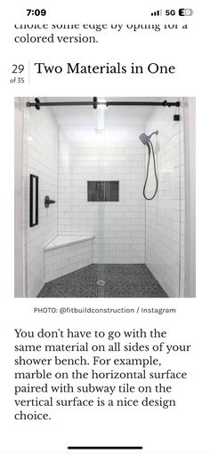 a white bathroom with black and white tile on the walls, shower head, and floor